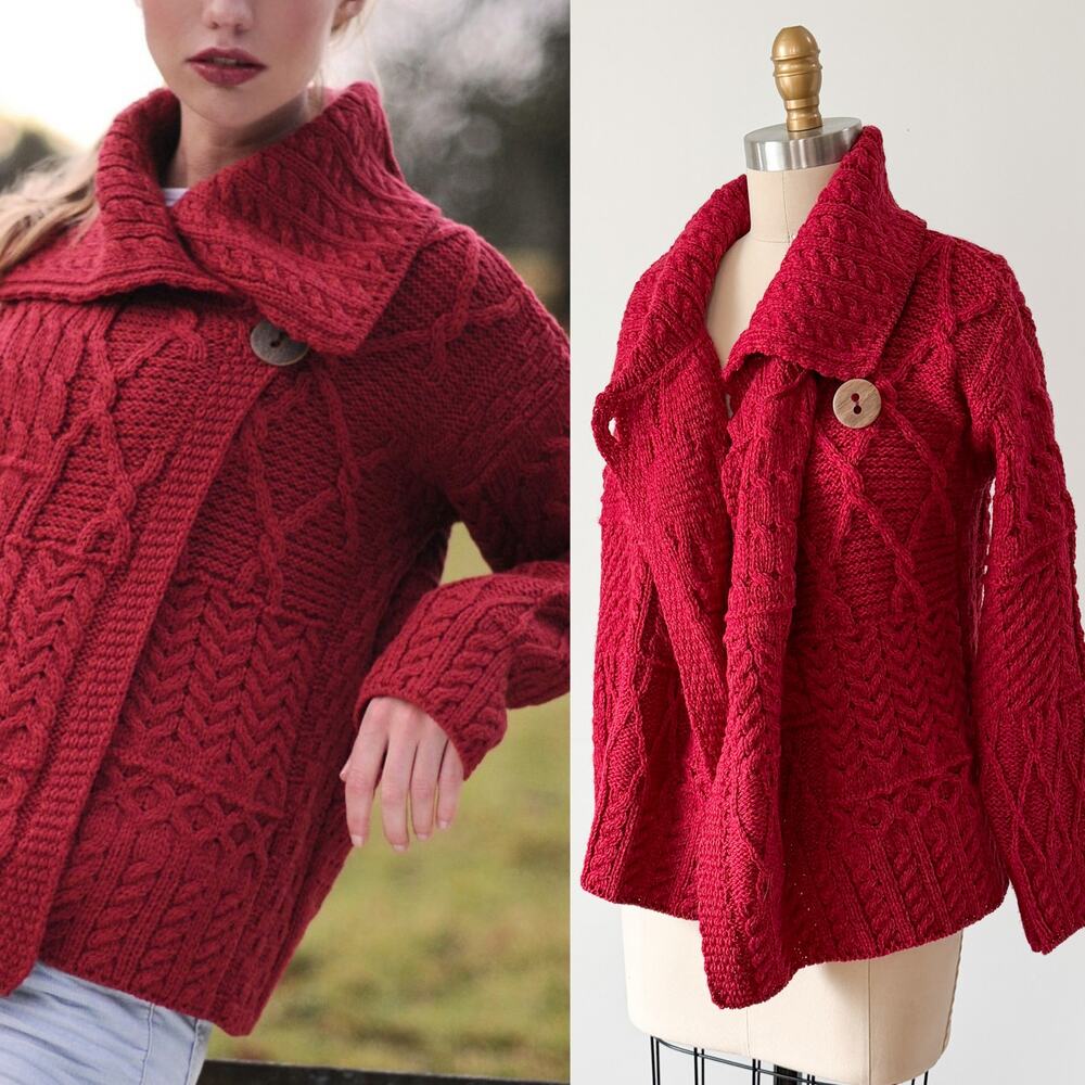 Aran Carraig Donn Irish Cranberry Red 100% Merino Wool Button Knit Sweater